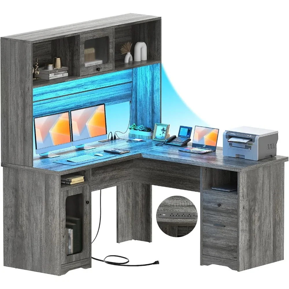 60" Office Desk with Drawers & Hutch, Large L Shaped Computer Desk with Power Outlet & LED Lights, File Cabinets，Corner Desk