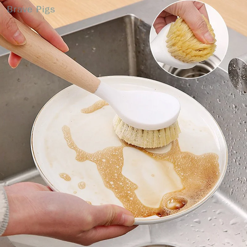 Kitchen Cleaning Brush Natural Wooden Handle Cleaning Brush Dishwashing Brush Cast Iron Frying Pan Brush