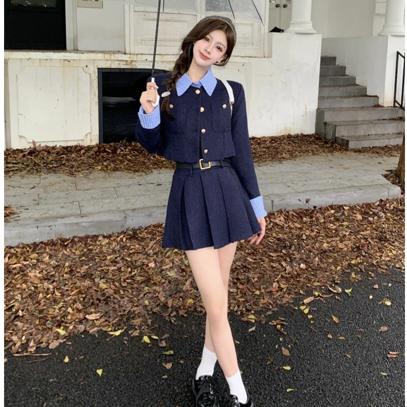 Women Spring Autumn Preppy Blazers Mini skirt Two Piece Set Korean Lady Patchwork Short Jackets Pleated Dress Outfit Blue Suit