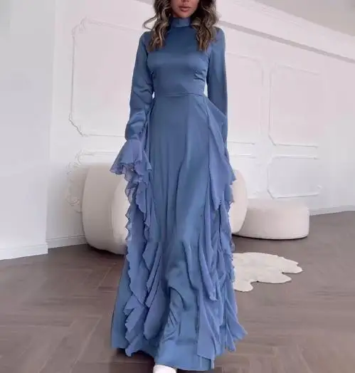 

Temperament Women's Dresses 2025 Autumn Daily Clothing Round Neck Trumpet Sleeve Splicing Strap High Waist Dress for Women