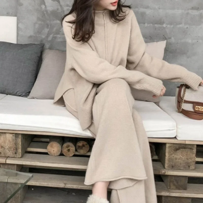 Two Piece Sets Women Knit Suit Turtleneck Full Sleeve Sweaters Midi Waist Loose Long Pants Set Autumn Splice Casual Suits