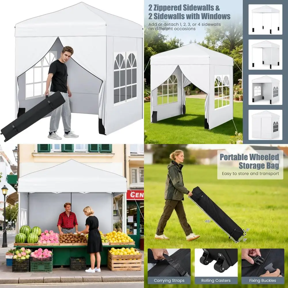 

6.5x6.5 Outdoor Tent with Removable Sidewalls, Zippered Doors, Carbon Steel Frame, Wheeled Bag, Sandbags, Stakes, and Wind Ropes