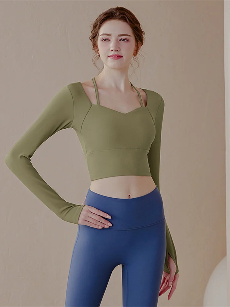 

Women's Yoga Fitn Pilates Tight Long Sve Sports T-irt with Chest Pad Autumn Winter New Sle Sexy V-ne Silk Top