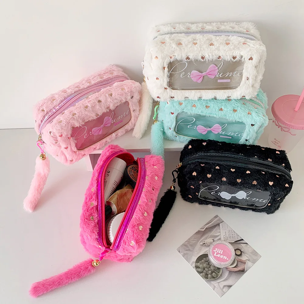 Ins Simple Bow Pen Bag Korean Edition Plush Large Capacity Stationery Storage Bag Student DIY Material Storage Bag