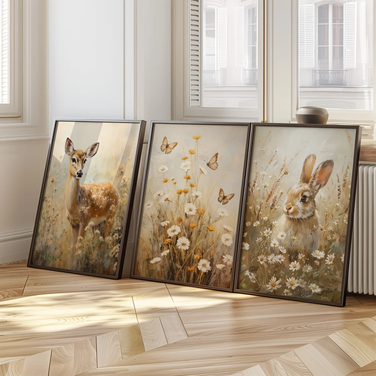 3 piezas de encantadores carteles de lienzo con motivos de flores silvestres de primavera, sin marco, con diseño de conejo de Pascua vintage, para decoración de sala de estar y dormitorio