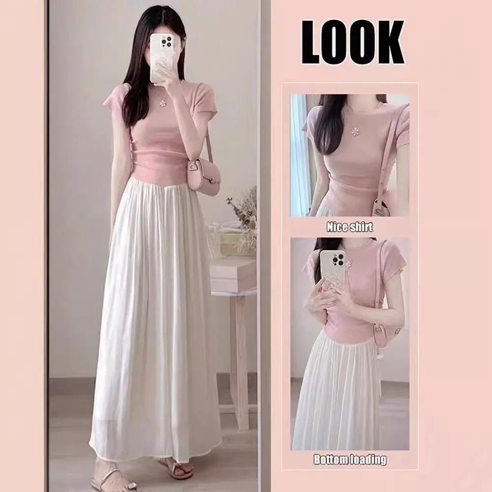 

Летний розовый комплект из топа с коротким рукавом и юбки: модный женский костюм в китайском стиле из двух предметов, легкий, элегантный фасон