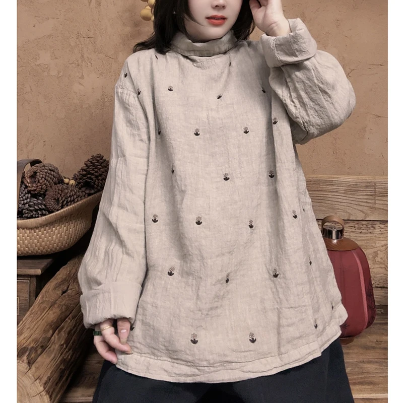 

Autumn/winter New 2025 Women Casual High Quality Cotton Linen Tops Tees Floral Embroidery Turtleneck Long Sleeve T-shirt X149