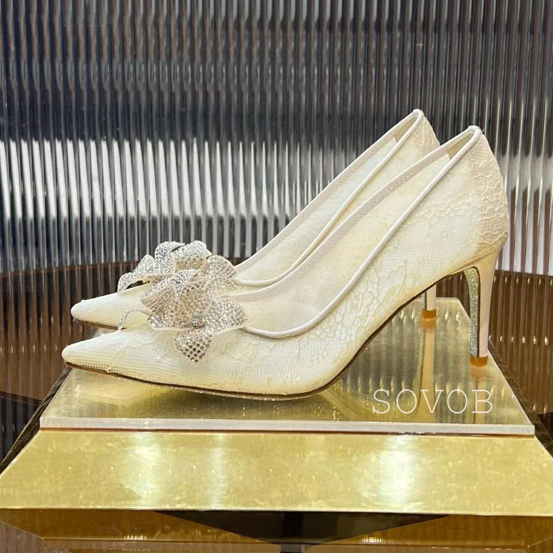 Pointed Toe High Heels Transparent Mesh Women Pumps Rhinestone Flower Stiletto Party Wedding Shoes Sexy Thin Heels Single Shoes