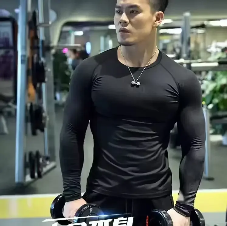 

1pc Boyfriend Style Men's Black Compression Long Sleeve T-Shirt, Elastic Thermal Underwear For Sports & Fitness