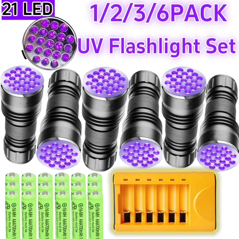 AODTOSIP 6/3/2/1 Pack 365nm 21 LED UV Flashlight Set Use AAA Battery High Power UV Flashlight Black Light for Pet Urine Stains