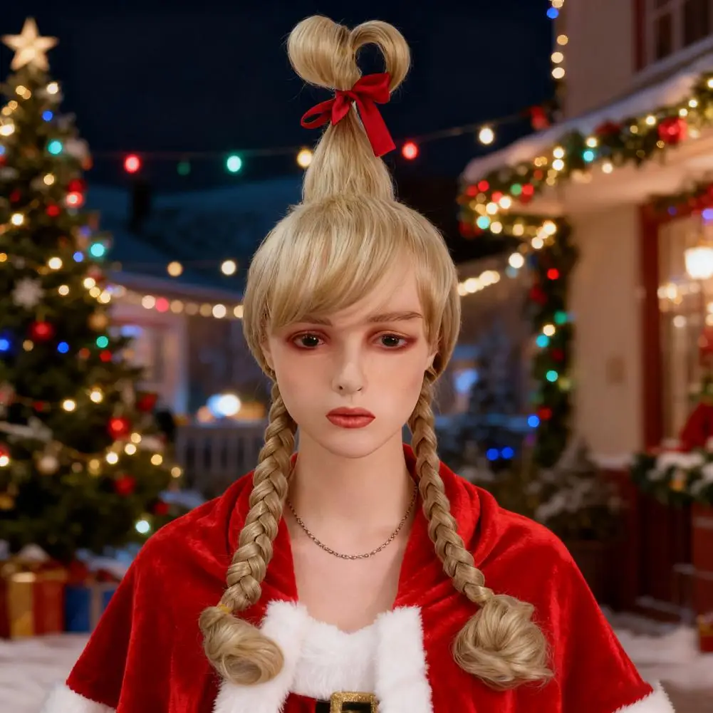 

High Temperature Fiber Girl Synthetic Wig with Bangs Women Blonde Wig with Red Bow Costume Party Cosplay Long Braids Wig