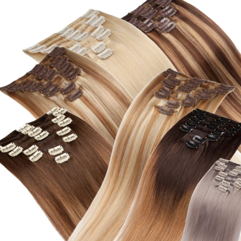 

100% Human Hair Hair Weft 7 Pieces 16inch Straight Clip In Hair Extensions #1B #2 Party Glam Wholesale
