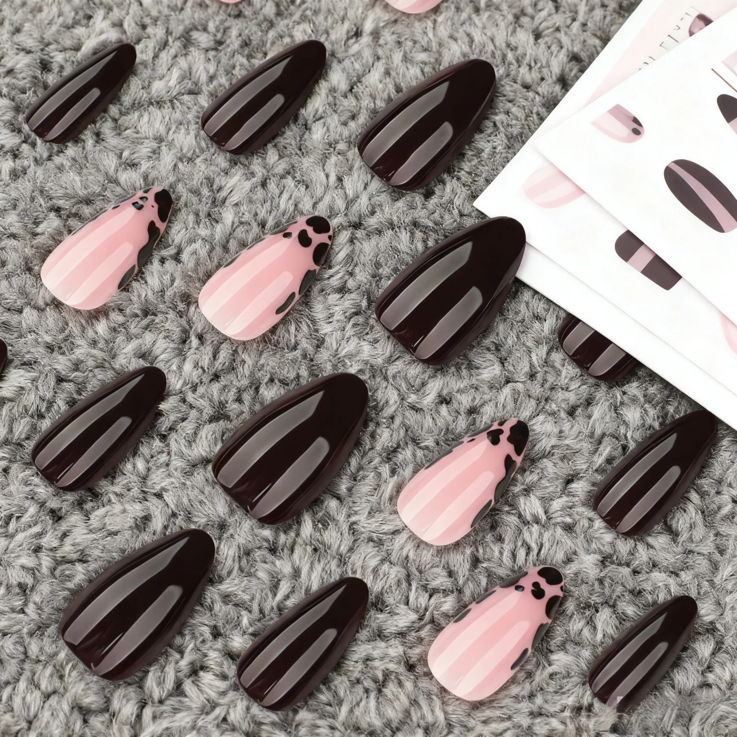 Ensemble de faux ongles en acrylique noir, imprimé léopard français, à pression, 24 pièces, amande moyenne, Art pour manucure, automne