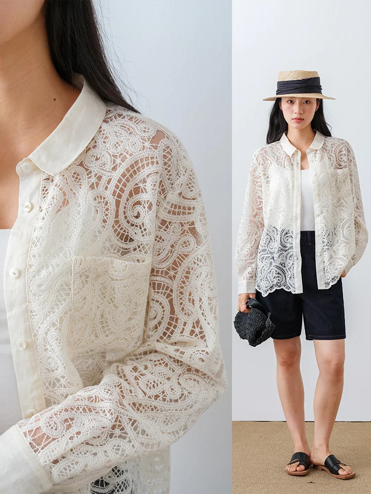 

Женская блузка из чистого хлопка с вышивкой и кружевом, плотная, прямого кроя, с длинным рукавом, воротником, дышащая, летняя, модная