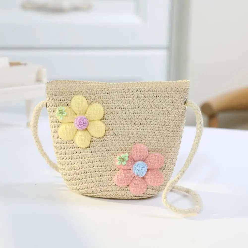 

Handmade Woven Girl Flower Straw Bag Zipper Photo Props Kid Messenger Bags Storage Basket Coin Purse Crossbody Handbag