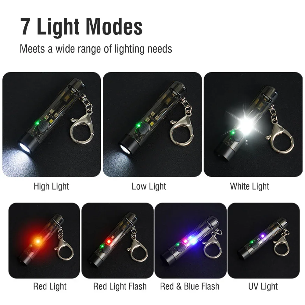 BORUiT Protable Mini LED Flashlight Keychain With Whistle Type-C Rechargeable Torch  Camping Lantern Fishing Hand Light Uv Lamp