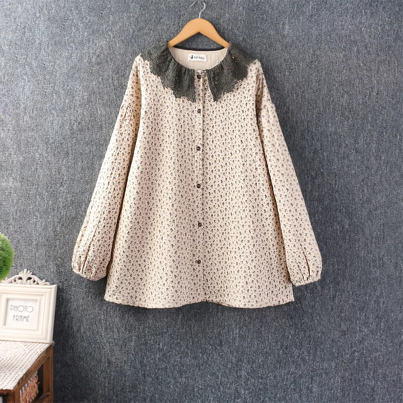 

Women Autumn New Vintage Mori Girl Floral Printed Cotton Shirts Japan Style Ruffled Collar Long Sleeve Casual Loose Blouse Tops
