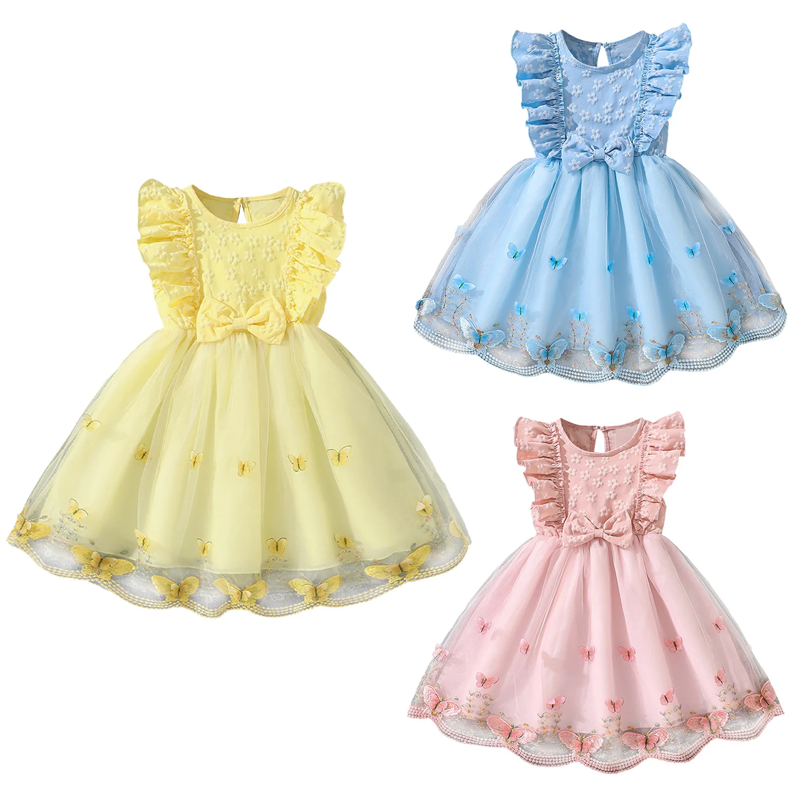 فستان الأميرة الصيفي للفتيات بدون أكمام فساتين مكشكشة شبكية على شكل فراشة زهرية لحفلات الزفاف وأعياد الميلاد وحفلات الولائم