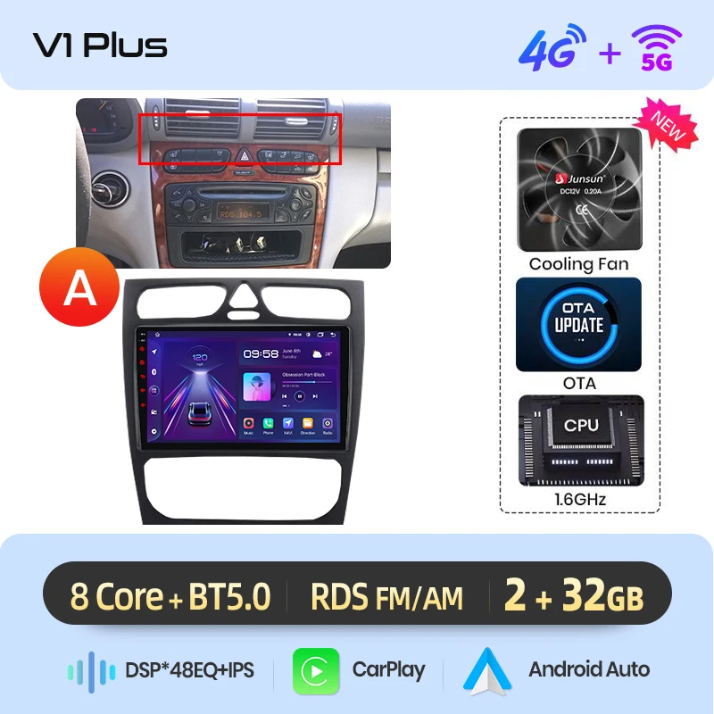 Junsun CarPlay Android Auto Autoradio voor Mercedes Benz C Klasse W203 C200 C320 C350 CLK W209 2000-2005 intelligente Multimedia 4G