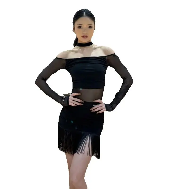 Adults Salsa Ballroom Dance Clothes Women'S Mesh Sleeves Latin Top Fringed Skirt Sexy Chacha Latin Dance Costumes SL14749