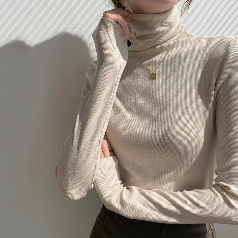 Long Sleeve Ribbed Turtleneck Slim Fit Soft Knit Basic Layering Top Clothes for Woman Ladies Tops Fall Winter Daily Casual Look