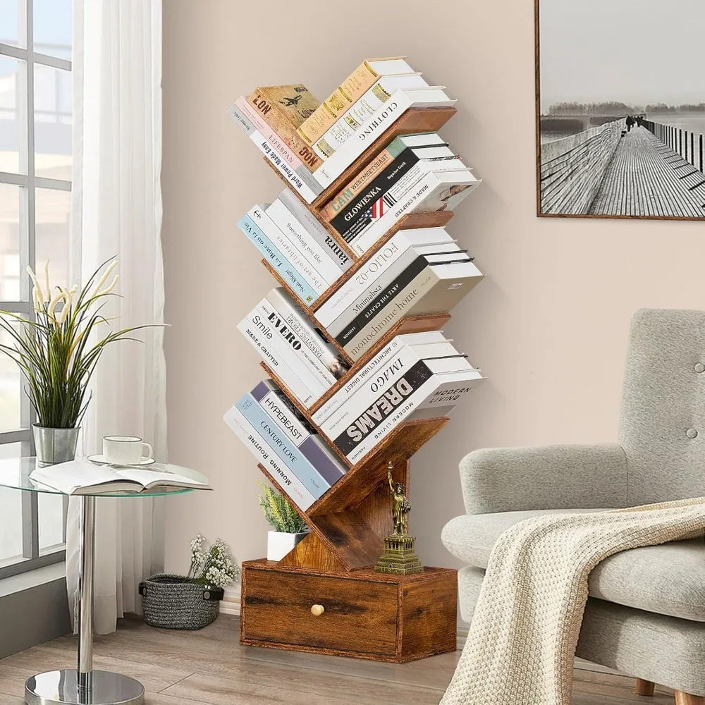 Library Furniture，8-story tree shaped independent wooden bookshelf with drawers for book storage Library Furniture