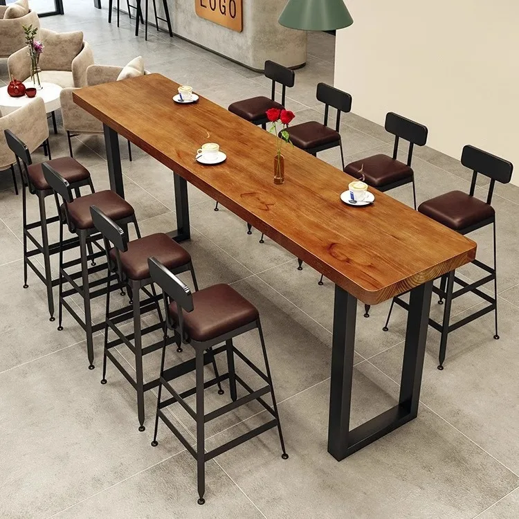 

Wrought iron solid wood high table and chair wine bar counter household long window table