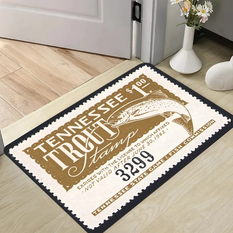 Premium Vintage Trout Stamp Doormat Set Tennessee Michigan Print NonSlip Washable Floor Mats for Front Door Entryway Decor