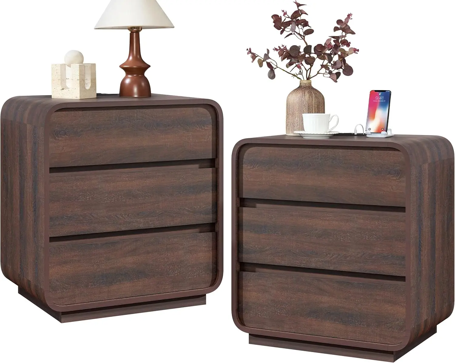 

Modern Nightstand Set of 2, 23.2" Wide Wood Bedside Table with Charging Station, 3 Storage Drawers Side Table Curved Profi