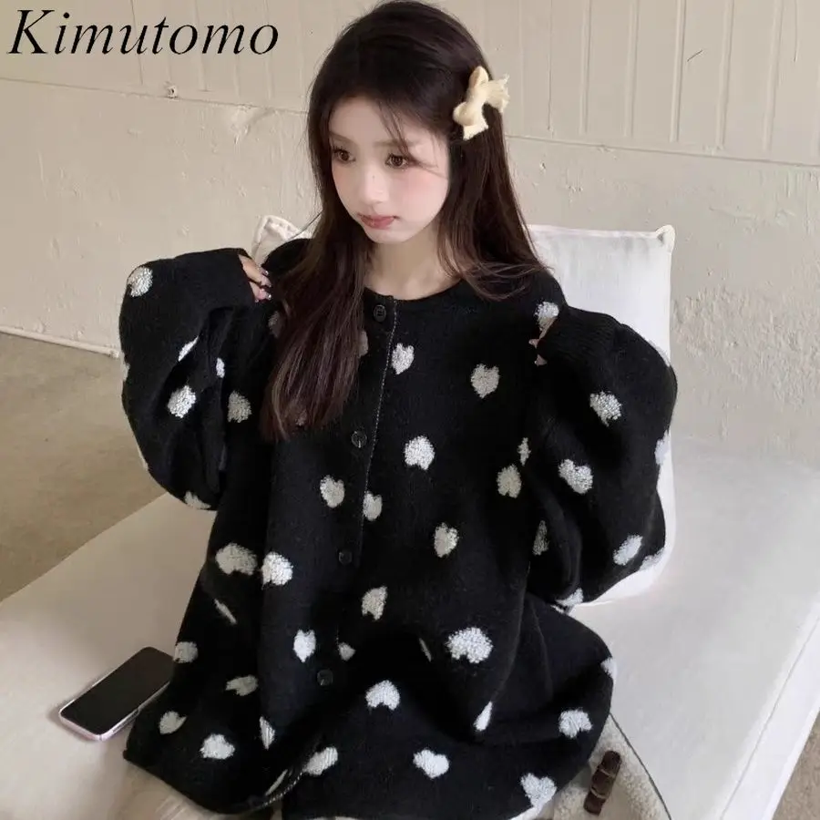 Kimutomo Heart Jacquard Oversized Cardigan Women Contrast Sweet Single Breasted Knitted Cardigans Korean Chic Kawaii Swewater