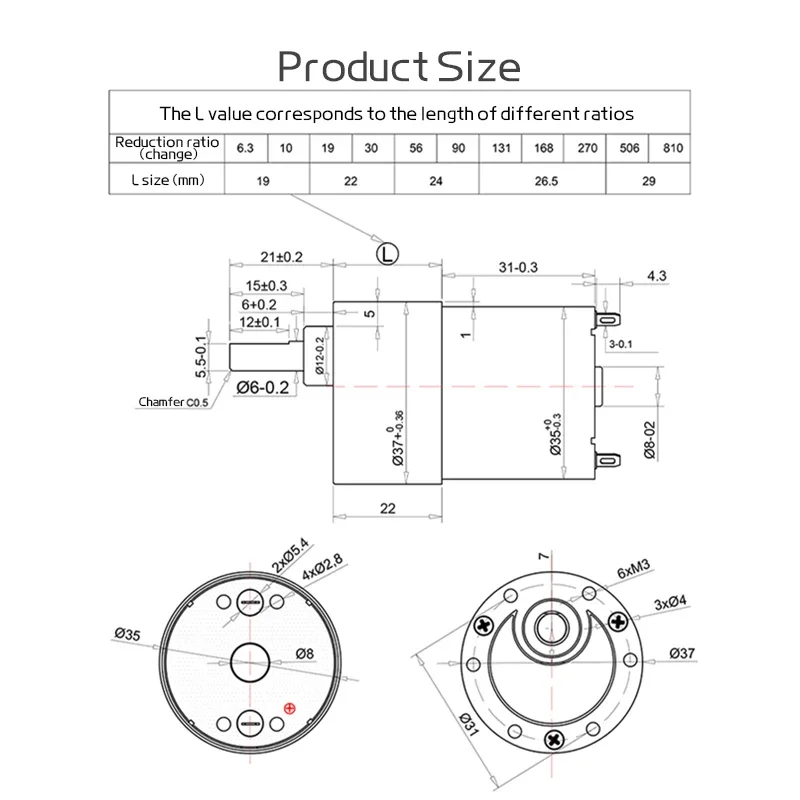 JGB37-3530 12/24v DC 37mm All-Metallic Gearmotor 2.5RPM-1600RPM Gearmotor Motop High Torque Eccentric Gearmotor