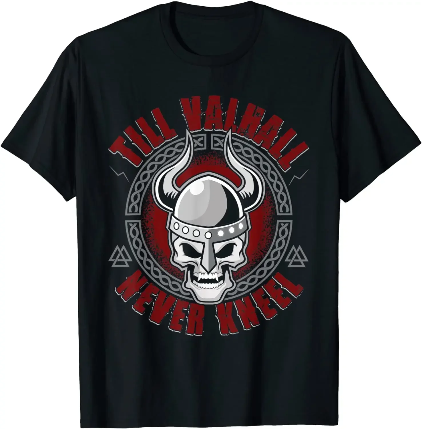 

Till Valhall Never Kneel - футболка Nordic Warrior Skull, 100% хлопок, с круглым вырезом, летняя повседневная мужская футболка с короткими рукавами, размер S-3XL