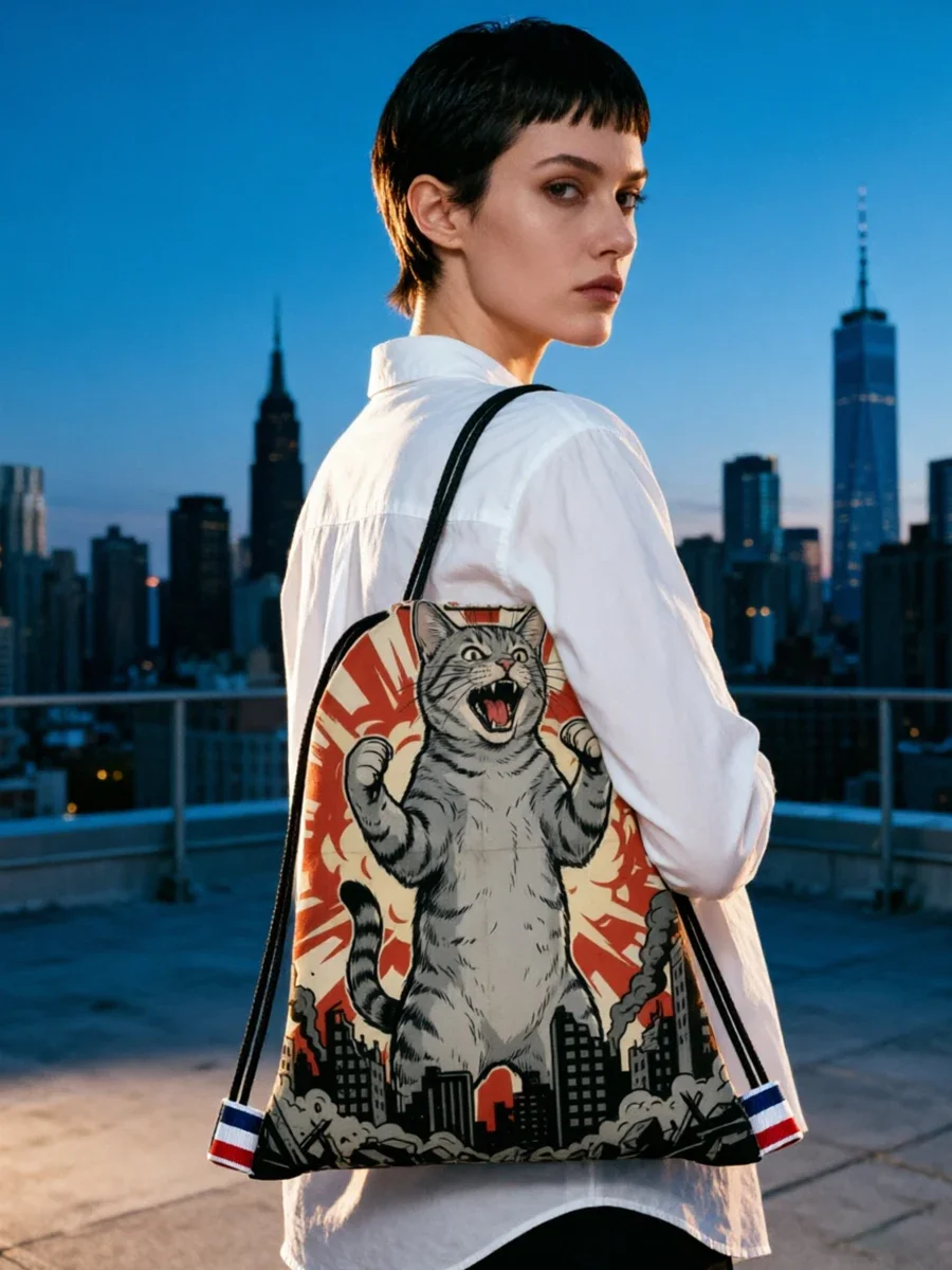 Catzilla Japanese Art Drawstring Backpack Waterproof Bags Sports Cinch Sack String Backpack Storage Bags for School Gym Sackpack