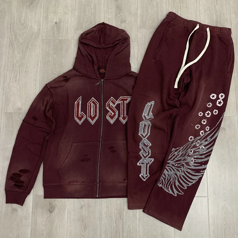 الأوروبية الأمريكية الشارع الشهير فقدت المعقدة السراويل الخريف الشتاء تفعل القديم غسلها الساخن الماس المفقودة Sweatpants معقدة #6