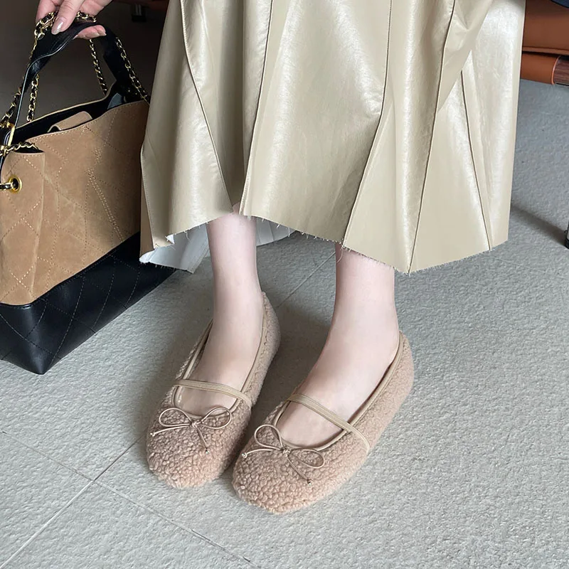 موضة فاخرة رقيق النساء الشتاء أحذية مصممين مريحة الإناث الباليه الشقق الدافئة السيدات ماري جينس الفراء أحذية جديد 2026 #5