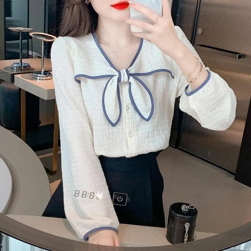 New Fashion All-match V-Neck Bow Blouse for Female Elegant Casual Spliced Single-breasted Shirt Spring Autumn Women\'s Clothing