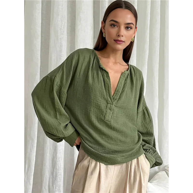 

FX-Linen Tie Front Shirt Tops Women Lantern Sleeves Blouse Y2K Babydoll Loose V-Neck Tunic Outfits