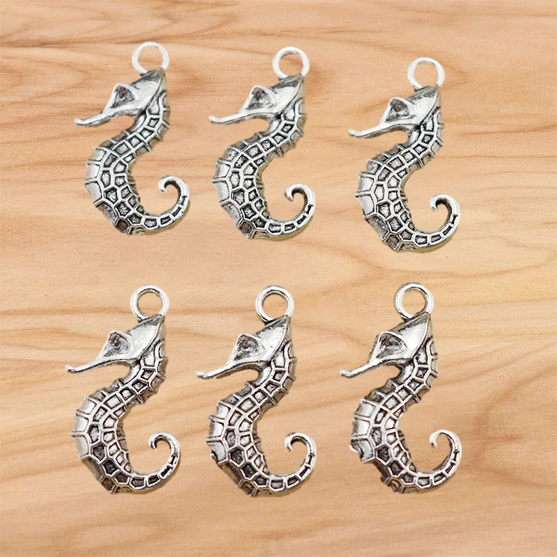 50 Pieces Tibetan Silver Sea Horse Hippocampus Charms Pendant 2 Sided Beads for DIY Jewellery Making Finding Accessories 22x11mm