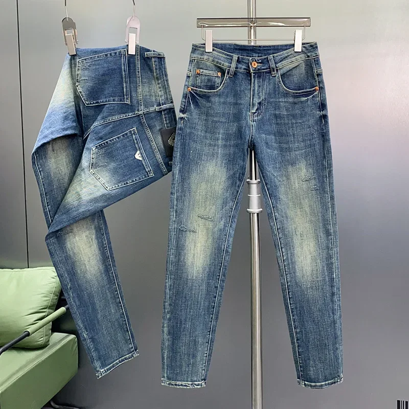 Celana Jeans pria 2024, celana panjang bisnis kasual katun lurus mode klasik regang ramping pakaian pria kualitas tinggi