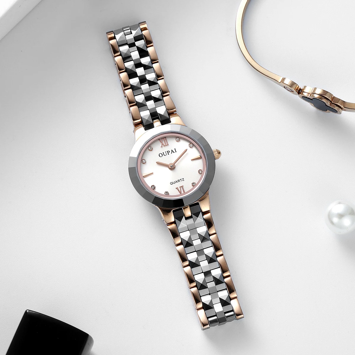 OUPAI круглые женские кварцевые часы из нержавеющей стали, повседневные маленькие и изысканные женские часы со шкалой со стразами