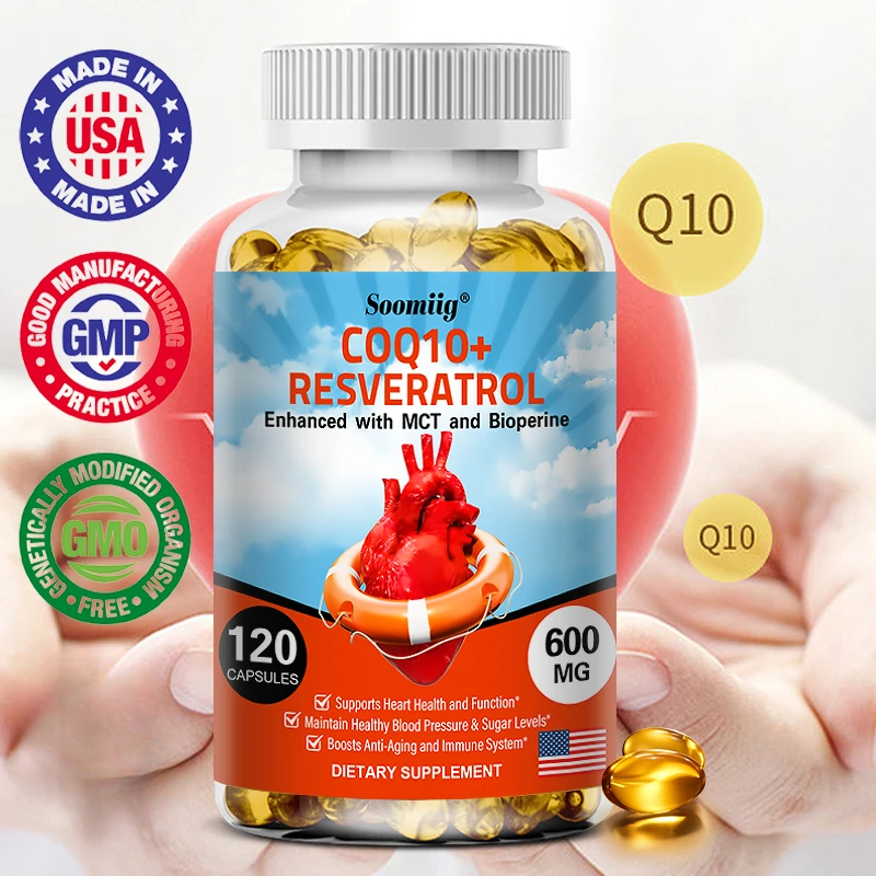 120 Coenzyme Q10+ Resveratrol Capsules Provide Energy Vitamin Healthy Food Organic Ultra High Absorption COQ10