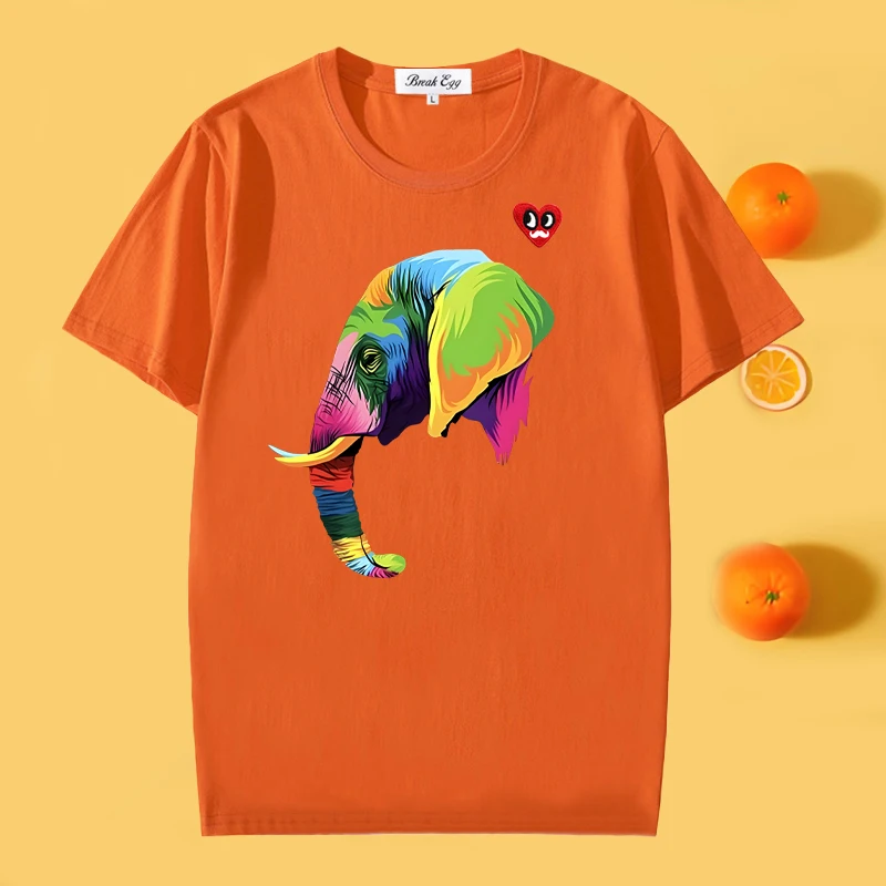 

Thailand Painted Elephant Hip Hop Print Women T-shirt Red Eyes Beard Heart Embroidery Cotton O-neck Short-sleeved Straight Tee