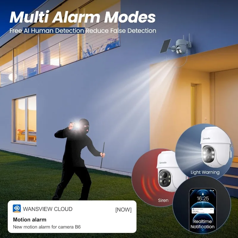 2K Cameras for Home Security-2.4G WiFi Outdoor Camera Wireless Solar/Battery Powered with solar panel, 360° Viewing, AI Human De