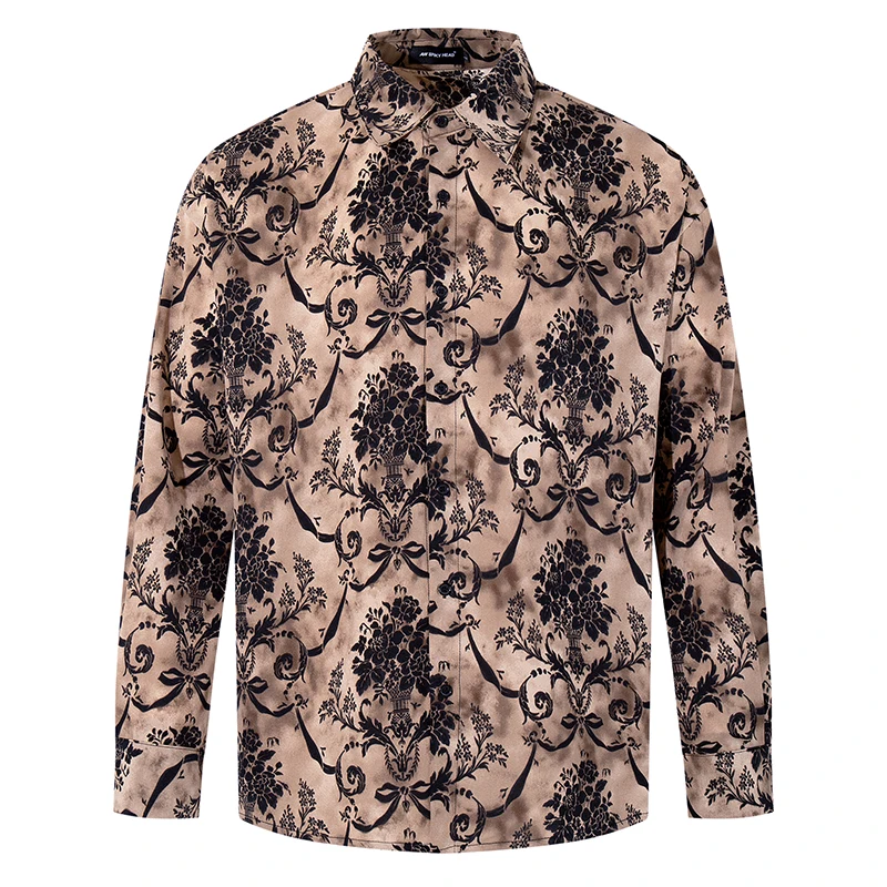 

Men's Vintage Floral Baroque Print Shirt Long Sleeve Satin Button Up Party Clubwear Dress Shirt Fashion Elegant Blouse Clothing