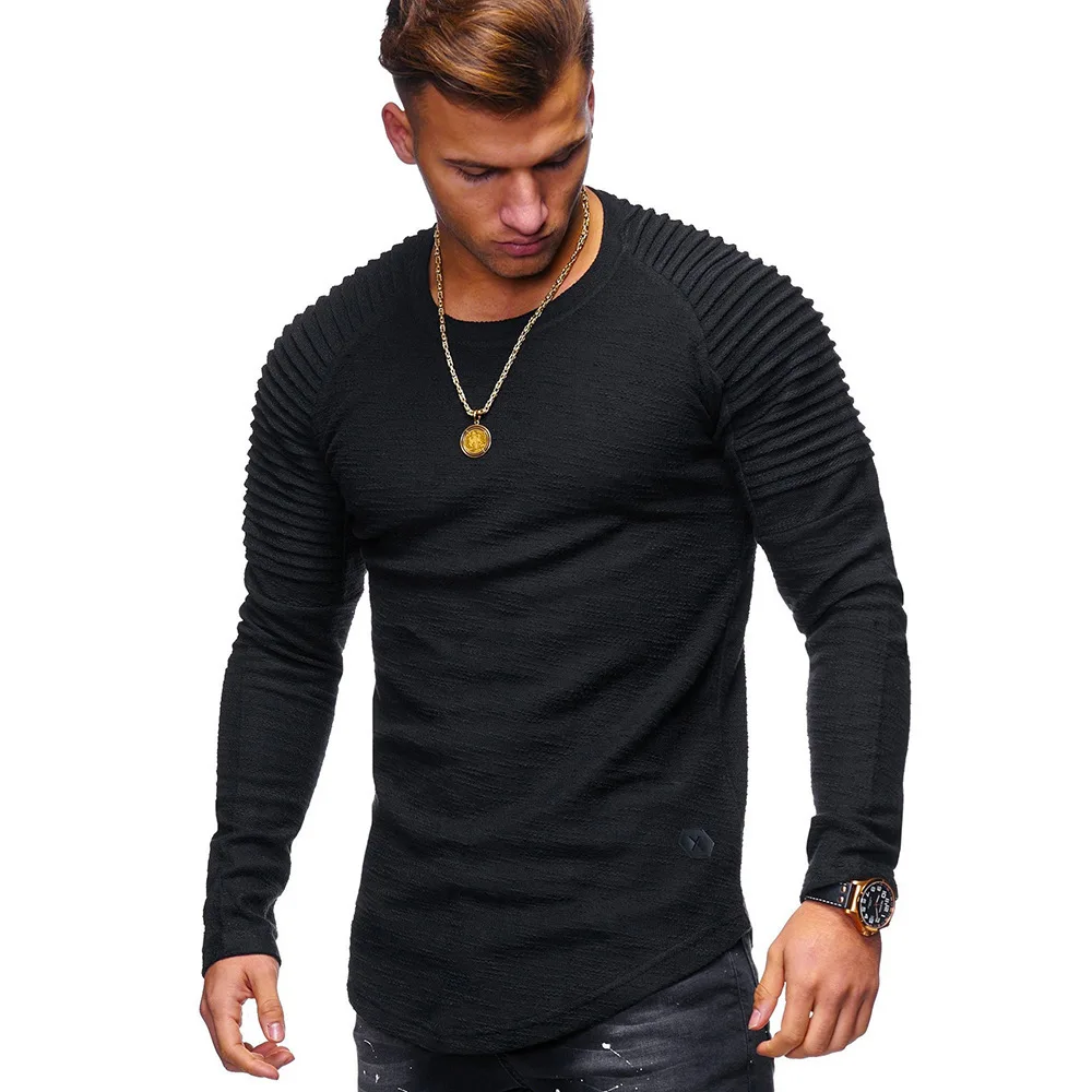 

MRMT 2025 Brand New Men's Solid Color Slim Fit Round Neck Long Sleeve T-Shirt Fashion Shoulder Pleated Sports Men's T-Shirt