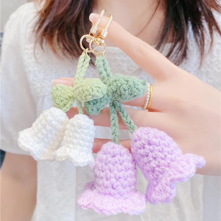 Handmade Cute Little Lily of The Valley Hand Knitted Crochet Flower Keychain Car Key Pendant, Bag Pendant