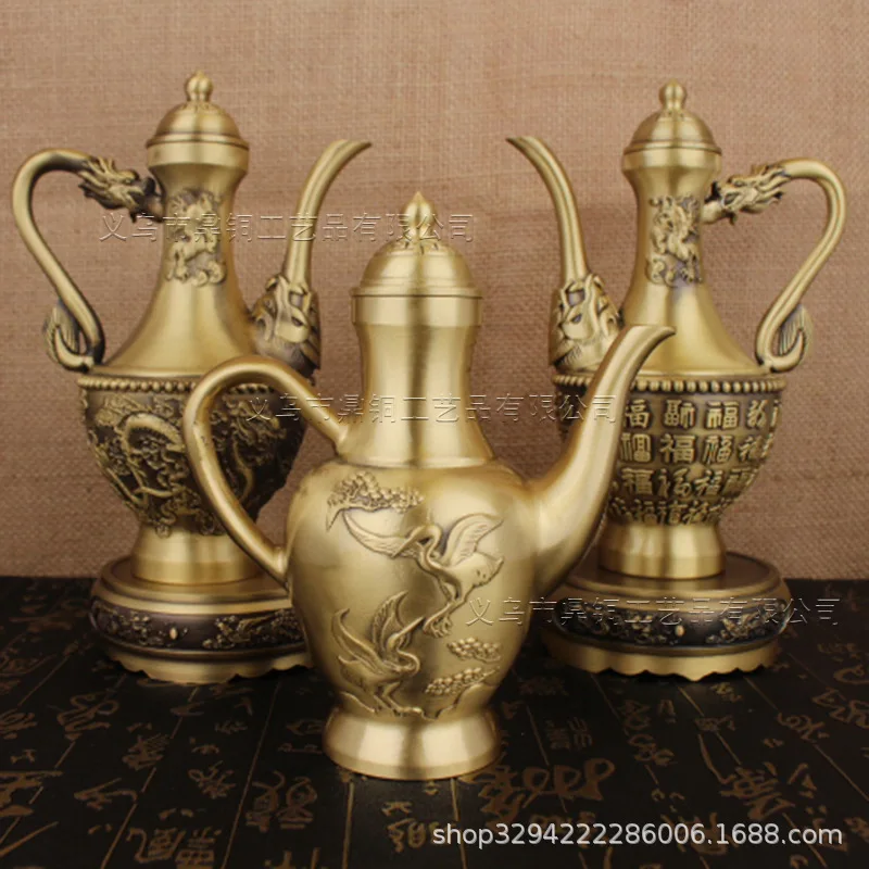 Brass Dragon and Phoenix Auspicious Hundred Blessings Wine Pot Crane Wine Pot Pure Copper Restaurant Wine Pot Banquet Home Weddi
