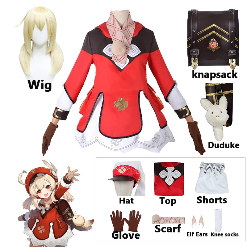 Spiel Klee Cosplay Kostüm Spiel Genshin Impact Frau Halloween Karneval rotes Kleid Loli Hut Ohren Perücke Rucksack Full Set Requisiten