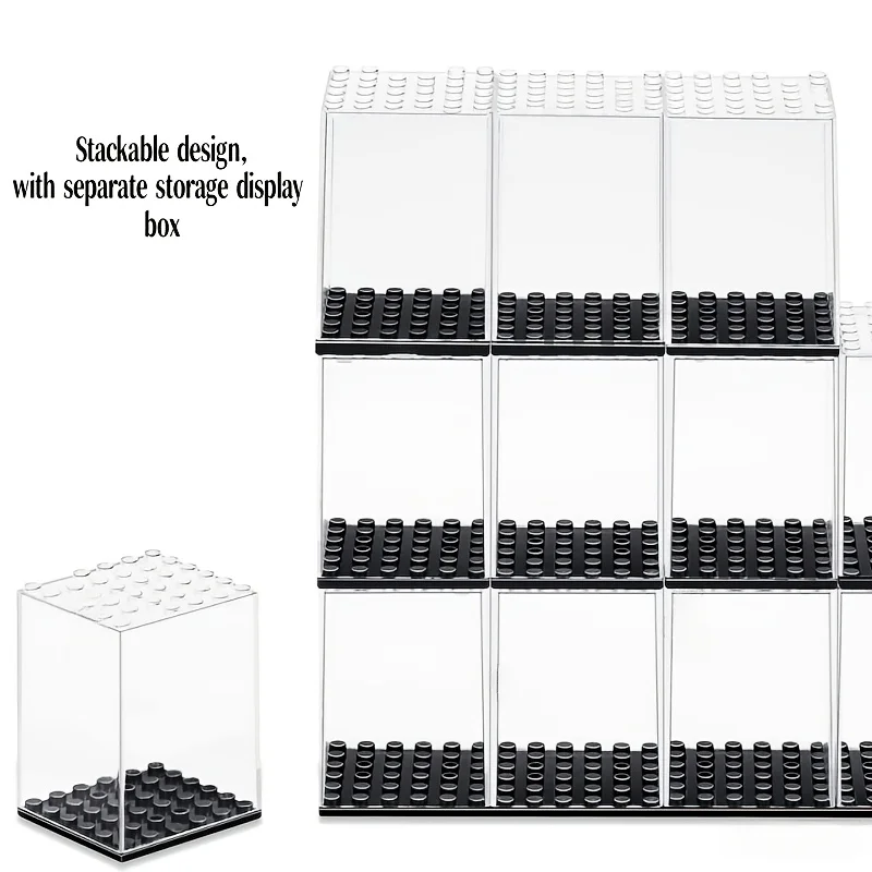 Acrylic miniature figure display box, transparent and stackable, for storing LEGO miniatures.
