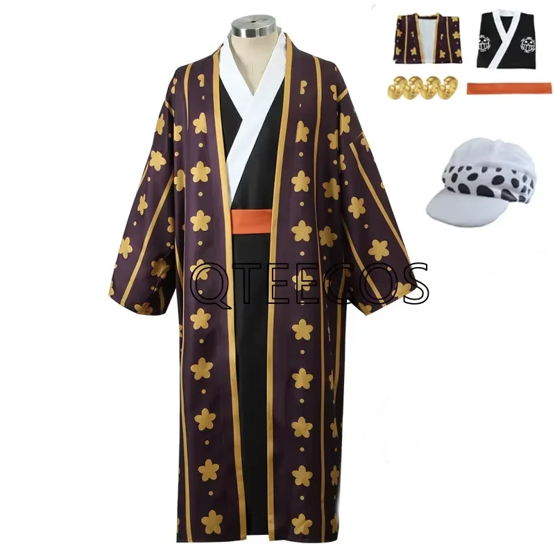 Kostium cosplay anime, szlafrok, kimono, strój Wano Country, idealny na imprezę halloweenową, do występów, w zestawie kolczyki, kapelusz i inne elementy stroju.